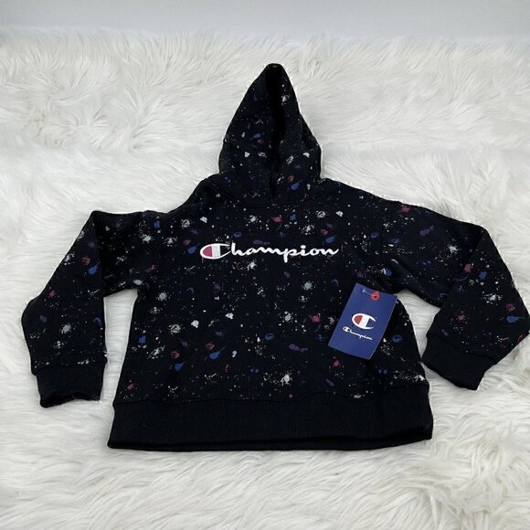 Kids Girls Sz 5 Champion Logo Paint Splatter Print Fleece Hoodie Sweatshirt NWT - Picture 1 of 9